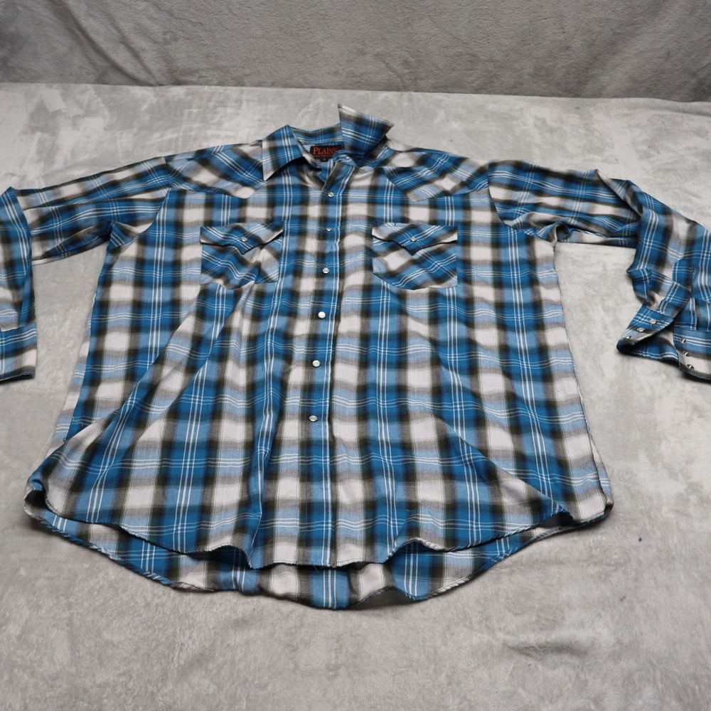 Plains Pearl Snap Shirt Mens Large Blue Plaid Long Sleeve Button Up Western